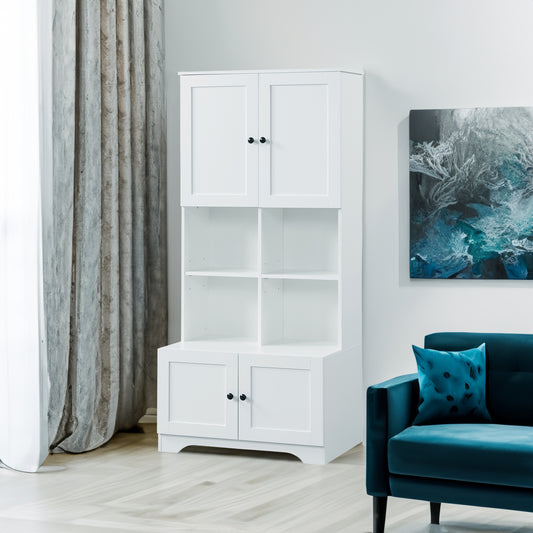 Vimora™ - Tall White Bathroom Storage Cabinet with 4 Doors and Adjustable Shelves
