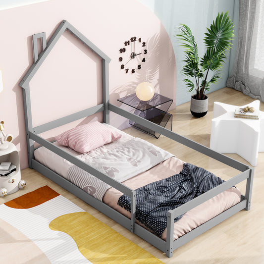 Vimora™ - Twin Size Grey House-Shaped Bed with Guardrails & Pine Wood Frame