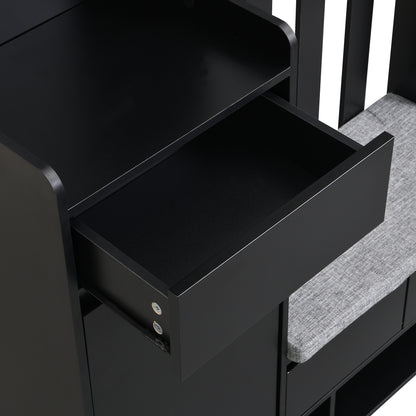 Vimora™ - Multifunctional Hall Tree with Cushioned Bench, Pegboard & Hooks in Black