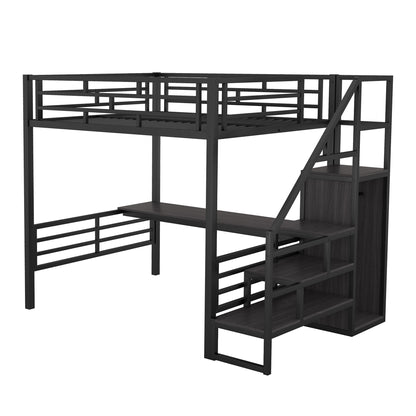 Vimora™ - Full Size Metal Loft Bed with Desk, Storage Staircase and Wardrobe in Black