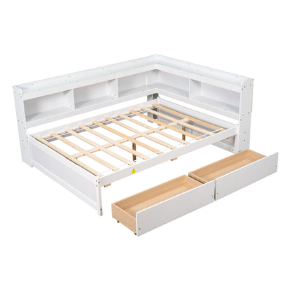 Vimora™ - Full Bed with L-shaped Bookcases and Storage Drawers in White
