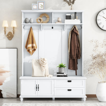 Vimora™ - Modern Hall Tree with Storage Cabinet, 2 Drawers & 5 Hooks in White