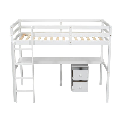 Vimora™ - Twin Loft Wood Bed with Built-in Desk, Storage Cabinet, Guardrails, and Ladder