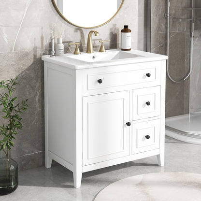 Vimora™ - 30" White Bathroom Vanity with Sink, Solid Wood Cabinet & Drawers, Modern Design