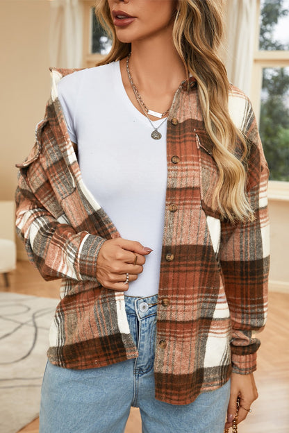 Double Take Plaid Dropped Shoulder Shacket