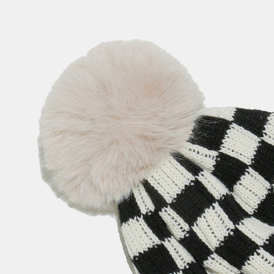 Checkered Knit Hat with Pompom