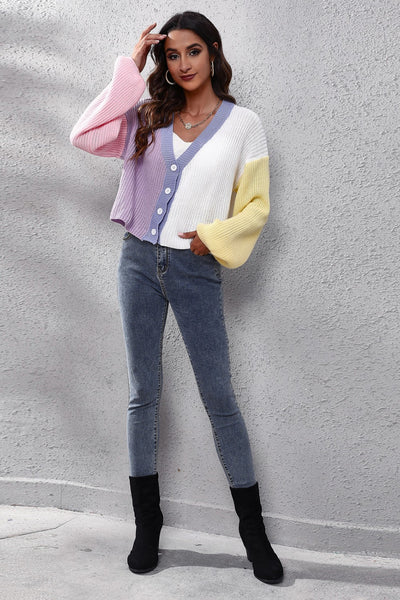 Color Block Button Up V-Neck Knit Top