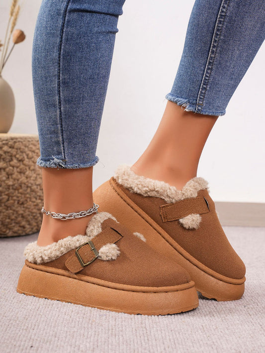 Thermal Fuzzy Buckle Platform Slippers