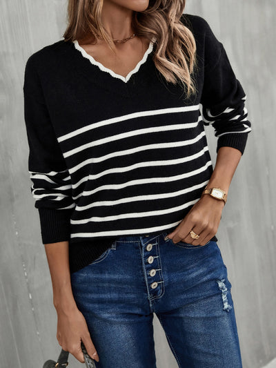 Angel Wings Striped V-Neck Drop Shoulder Sweater