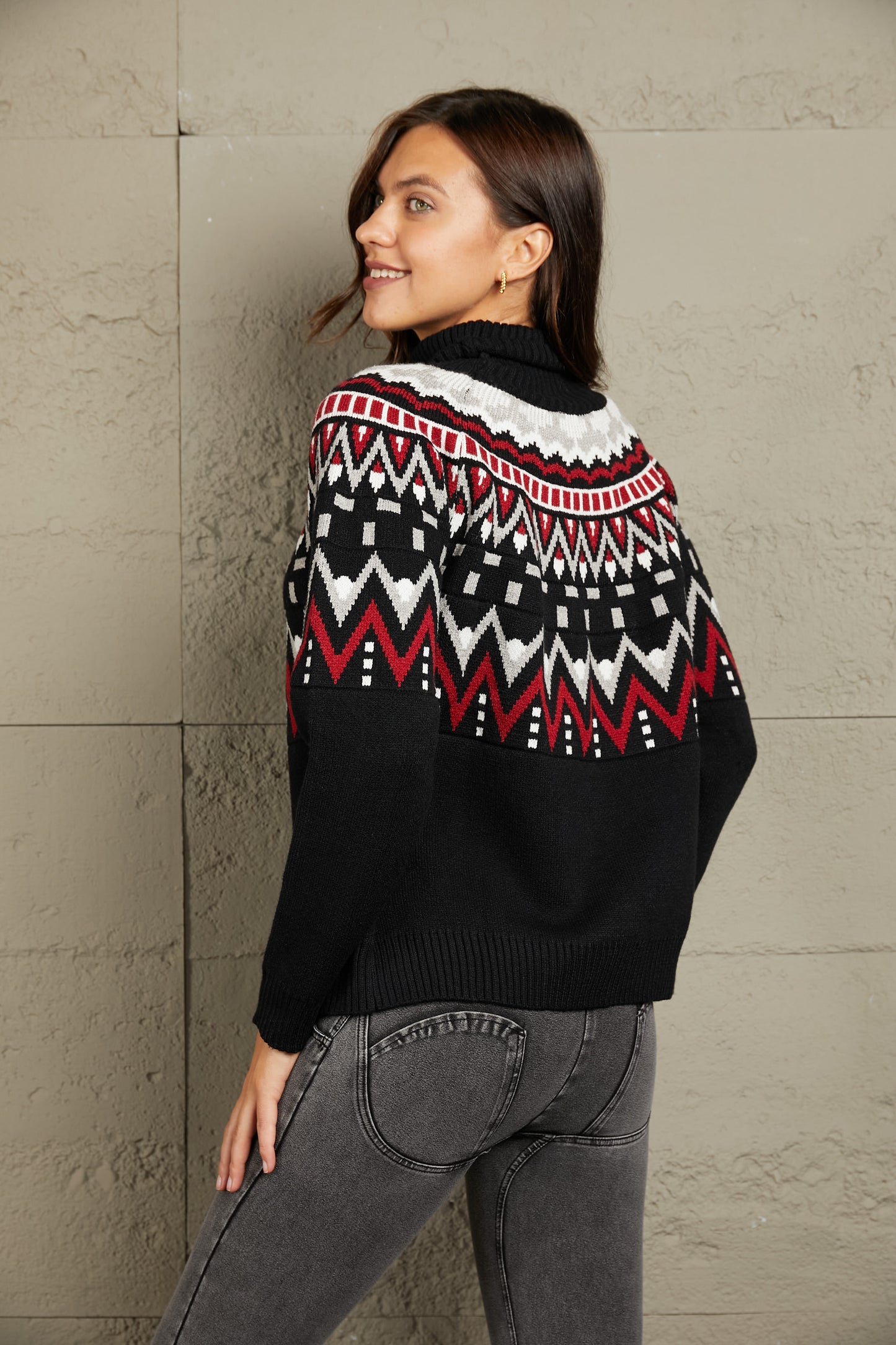 Woven Right Chevron Turtleneck Ribbed Trim Sweater